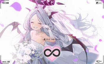 1girl absurdres alternate_costume armpits bare_shoulders black_halo blue_archive blue_flower blush bouquet bridal_veil choker closed_eyes demon_girl demon_horns demon_wings dress drive_shot elbow_gloves flower gloves grin hair_flower hair_ornament halo happy_tears highres hina_(blue_archive) holding holding_bouquet horns long_hair sleeveless sleeveless_dress smile solo strapless strapless_dress tears veil viewfinder wedding_dress white_choker white_flower white_gloves white_hair wings wiping_tears