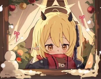 1girl blonde_hair blue_archive blush christmas christmas_tree commentary_request curtains demon_horns hair_ribbon halo highres holding holding_stuffed_toy horns ibuki_(blue_archive) indoors jacket long_hair long_sleeves pointy_ears red_scarf ribbon scarf scarf_over_mouth side_ponytail snow snowman solo stuffed_animal stuffed_toy teddy_bear tttlr window wooden_frame yellow_eyes yellow_halo