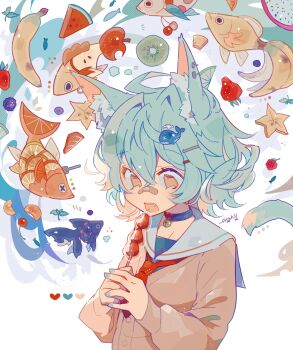 Rule 34 | 1girl, animal ear fluff, animal ears, apple, auko, banana, bandaid, bandaid on face, bandaid on nose, bell, blackberry (fruit), blueberry, brown cardigan, cardigan, cat ears, cat tail, cherry, commentary request, dragon fruit, eating, fish, food, fruit, green hair, hair ornament, hairclip, highres, kiwi (fruit), lemon, lemon slice, looking down, neck bell, neckerchief, open mouth, original, red neckerchief, sailor collar, short hair, signature, simple background, solo, starfruit, strawberry, tail, whale hair ornament, white background, white sailor collar, yellow eyes