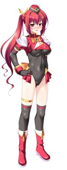 1girl aoi_masami asamiya_minami black_gloves black_leotard black_thighhighs blush boots bow breasts covered_erect_nipples covered_navel crop_top elbow_gloves full_body game_cg garrison_cap gloves hair_ornament hairclip hand_on_own_hip hat highres jewelry knight_ignis large_breasts large_variant_set leotard long_hair looking_at_viewer magical_girl non-web_source nose_blush official_art open_mouth puffy_sleeves red_eyes red_hair short_sleeves showgirl_skirt side_ponytail smile solo standing thigh_strap thighhighs thighlet transparent_background ts_magical_girl_nao turtleneck variant_set