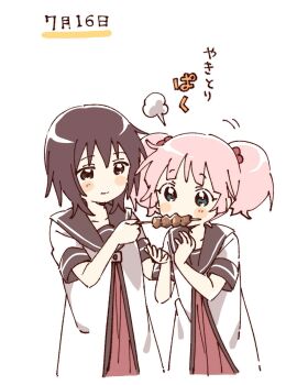 Rule 34 | 1boy, blush stickers, brown eyes, brown hair, brown sailor collar, closed mouth, cropped torso, dress, eating, feeding, food, funami yui, green eyes, hair bobbles, hair ornament, highres, holding, holding food, namori, nanamori school uniform, pink hair, pleated dress, red dress, sailor collar, school uniform, shirt, short hair, short sleeves, short twintails, simple background, smile, summer uniform, translation request, twintails, white background, white shirt, yakitori, yoshikawa chinatsu, yuruyuri