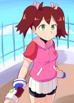 1boy 1girl bike_shorts bike_shorts_under_skirt breasts brown_hair child clenched_hand drawfag faceless faceless_male gloves green_eyes hair_ribbon highres holding_hands hood hoodie looking_at_viewer medium_breasts pov ribbon saru_getchu sayaka_(saru_getchu) smile sony twintails