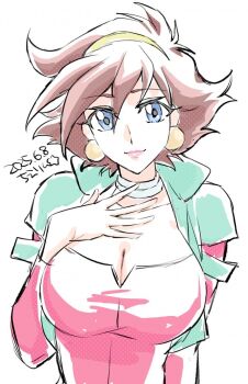 1girl artist_request blue_eyes breasts brown_hair collarbone cropped_jacket dated earrings female_focus g_gundam gundam hand_on_own_chest jewelry large_breasts lips looking_at_viewer medium_hair rain_mikamura simple_background upper_body white_background
