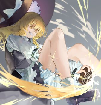 1girl absurdres apron arm_between_legs black_hat black_shoes black_vest blonde_hair bloomers bobby_socks bow braid dedemaru foot_out_of_frame frilled_apron frilled_hat frilled_skirt frills grin hair_between_eyes hat hat_bow highres kirisame_marisa long_sleeves medium_hair mini-hakkero puffy_sleeves shirt shoes side_braid single_braid skirt skirt_set smile socks solo touhou underwear vest waist_apron white_apron white_bow white_shirt white_skirt white_socks witch_hat yellow_eyes