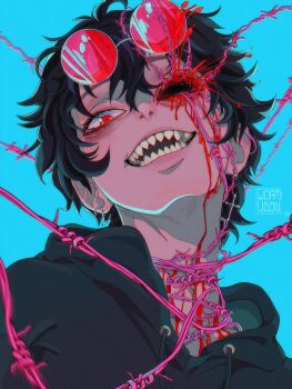 1boy bags_under_eyes barbed_wire black_hair black_hoodie bleeding blood bloodshot_eyes bloody_tears body_horror earrings eyewear_on_head from_below gouged_eye grin guro highres hood hood_down hoodie hoop_earrings jewelry looking_at_viewer male_focus original red-tinted_eyewear red_eyes sharp_teeth short_hair smile solo teeth tendril tinted_eyewear upper_body wire_around_neck wormudon