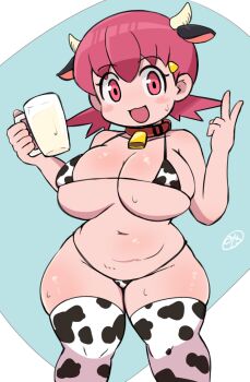 1girl :3 animal_ears animal_print bell bikini blue_background blush breasts cleavage collar collarbone cow_ears cow_girl cow_horns cow_print cowbell cup drink hair_ornament hairclip holding holding_cup holding_drink horns huge_breasts looking_at_viewer low_twintails micro_bikini milk miyazero navel neck_bell nintendo open_mouth pink_eyes pink_hair plump pokemon pokemon_hgss print_bikini print_thighhighs short_hair smile standing sweat swimsuit thick_thighs thighhighs thighs twintails underboob v white_bikini white_thighhighs whitney_(pokemon) wide_hips