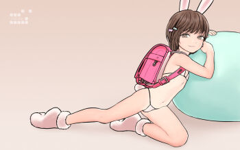 1girl animal_ears backpack bag bikini bow brown_eyes brown_hair circle_name closed_mouth commentary female_focus flat_chest full_body hair_bow highres kneeling leaning_on_object light_smile loli looking_at_viewer medium_hair micro_bikini navel original paw_shoes rabbit_ears rabbit_tail randoseru rustle short_hair simple_background solo string_bikini swimsuit tail white_bikini white_footwear