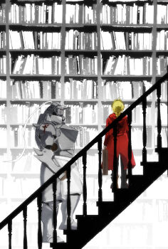Rule 34 | 2boys, absurdres, alphonse elric, armor, black pants, blonde hair, book, bookshelf, braid, brothers, coat, edward elric, full armor, fullmetal alchemist, gauntlets, helmet, highres, living armor, male focus, multiple boys, pants, pauldrons, red coat, shoulder armor, siblings, stairs, standing, youritai