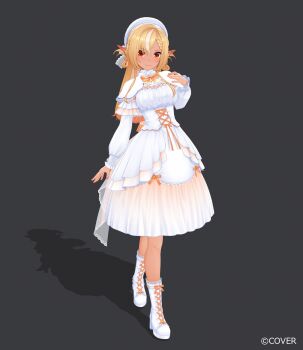 1girl 3d akamo_3d back_bow beret blonde_hair bodice boots bow bowtie braid braided_bangs breasts capelet commentary_request company_name copyright_notice corset cross-laced_clothes cross-laced_corset dark_elf double_bun dress elf full_body grey_background hair_bun hand_on_own_shoulder hat highres hololive lace-up_boots long_hair long_sleeves looking_at_viewer medium_dress multicolored_hair official_alternate_costume official_alternate_hairstyle official_art orange_bow orange_bowtie orange_eyes pointy_ears puffy_long_sleeves puffy_sleeves saekiyahiro shadow shiranui_flare shiranui_flare_(luminous) simple_background solo streaked_hair tan virtual_youtuber white_boots white_dress white_hair white_hat
