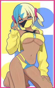 1girl aqua_hair bandeau barefoot black_mask blonde_hair blue_background blue_eyes blue_panties blush breasts canari_(pokemon) center-flap_bangs cleavage commentary criss-cross_halter crop_top cropped_jacket curly_sidelocks dark-skinned_female dark_skin english_commentary fake_hair_bun halterneck highres jacket legs mask mega_ring mega_stone midriff mindgasmyt mouth_mask multicolored_hair navel nintendo panties pokemon pokemon_legends:_z-a revealing_clothes short_twintails solo split-color_hair stomach thighs twintails two-tone_hair two-tone_mask underboob underwear v white_background yellow_background yellow_bandeau yellow_jacket yellow_mask yellow_panties zipper