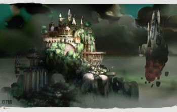 aymeric_kevin border building bush castle cliff cloud cloudy_sky fantasy flag floating_island fog foliage grass no_humans original outdoors overcast rock scenery sculpture sky sunlight tree white_border