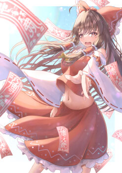 Rule 34 | 1girl, ascot, bad anatomy, bad hands, blush, bow, breasts, brown eyes, brown hair, commentary request, detached sleeves, frilled bow, frilled hair tubes, frilled skirt, frills, hair bow, hair tubes, hakurei reimu, highres, large breasts, long hair, looking at viewer, midriff, navel, ofuda, open mouth, pennosuke, red bow, red skirt, ribbon-trimmed sleeves, ribbon trim, skirt, skirt set, solo, touhou, yellow ascot