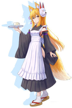 1girl absurdres animal_ear_fluff animal_ears apron black_kimono black_sleeves blonde_hair brown_eyes brown_sandals clothing_cutout commentary_request cup detached_sleeves drop_shadow fox_ears fox_girl fox_tail frilled_apron frills full_body hair_between_eyes hand_up highres hip_vent holding holding_tray iroha_(iroha_matsurika) japanese_clothes kimono kohaku_(iroha_(iroha_matsurika)) long_hair long_sleeves maid maid_apron mask mask_on_head original sandals sleeveless sleeveless_kimono socks solo tabi tail tray very_long_hair wa_maid white_apron white_background white_socks wide_sleeves zouri