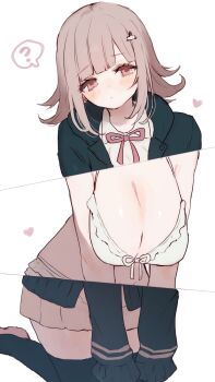 1girl ? bikini black_jacket black_thighhighs blush breasts brown_skirt cleavage danganronpa_(series) danganronpa_2:_goodbye_despair frilled_bikini frills front-tie_bikini_top front-tie_top heart highres inusaka jacket kneeling large_breasts light_brown_hair looking_at_viewer nanami_chiaki neck_ribbon pleated_skirt ribbon sagging_breasts school_uniform simple_background skirt solo split_screen spoken_question_mark swimsuit thighhighs white_bikini x-ray zettai_ryouiki