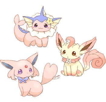 Rule 34 | alternate color, alternate shiny pokemon, animal focus, blue bow, blush, blush stickers, bow, brown eyes, cetacean tail, closed mouth, commentary request, espeon, fins, fish tail, flower, forehead jewel, forked tail, gem, gen 1 pokemon, gen 2 pokemon, gen 4 pokemon, head fins, highres, leafeon, mimix, nintendo, no humans, parted lips, pink fur, pokemon, pokemon (creature), pokemon focus, purple eyes, red gemstone, simple background, smile, star (symbol), star ornament, tail, vaporeon, white background