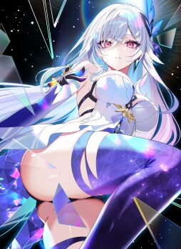 1girl absurdres ass black_background black_shorts breasts commentary_request convenient_censoring dress elbow_gloves from_below genshin_impact gloves hair_ornament highres knee_up large_breasts long_hair looking_at_viewer motsunuki parted_lips purple_eyes purple_gloves purple_thighhighs shards shorts skirk_(genshin_impact) solo thighhighs thighs white_dress white_hair