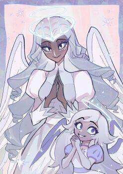 2girls 51oil_2 absurdres angel angel_wings blue_eyes dark-skinned_female dark_skin dress emily_(hazbin_hotel) extra_eyes feathered_wings hashtag-only_commentary hazbin_hotel hellaverse highres long_hair multiple_girls sera_(hazbin_hotel) white_dress white_hair wings