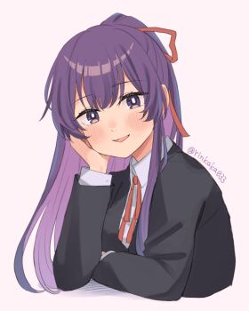 1girl absurdres artist_name black_jacket commentary date_a_live english_commentary hair_ribbon highres jacket kyoraku_(weng3133) long_hair looking_at_viewer neck_ribbon purple_hair red_ribbon ribbon school_uniform simple_background smile solo upper_body white_background yatogami_tohka