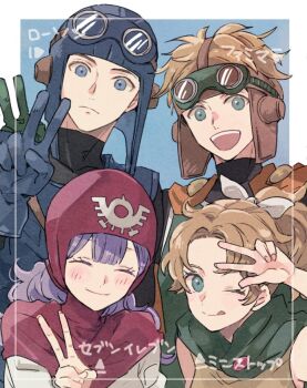 Rule 34 | 2boys, 2girls, ;q, black bodysuit, blonde hair, blue eyes, blue gloves, blue hat, blue tunic, blush, bodysuit, bow, brother and sister, cape, closed eyes, closed mouth, commentary request, cousins, dragon quest, dragon quest ii, gloves, goggles, goggles on headwear, green cape, hair bow, hat, high ponytail, long hair, looking at viewer, multiple boys, multiple girls, one eye closed, open mouth, orange cape, pink hood, ponytail, prince of lorasia, prince of samantoria, princess of moonbrook, princess of samantoria, purple hair, robe, siblings, tenjin (ahan), tongue, tongue out, tunic, turtleneck, turtleneck bodysuit, upper body, v, w, white bow, white robe