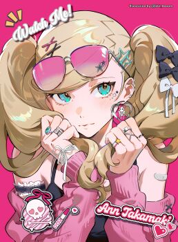 Rule 34 | 1girl, absurdres, bandaid, bandaid on arm, bibi booom, blonde hair, blue eyes, bow, character name, commentary, cosmetics, eyewear on head, gyaru, hair bow, hand in own hair, hands up, highres, holding, holding own hair, lipstick tube, persona, persona 5, pink-tinted eyewear, pink background, revision, simple background, solo, star (symbol), star sticker, sticker, sticker on face, sunglasses, takamaki anne, tinted eyewear, twintails, upper body