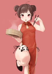 1girl absurdres azur_lane bamboo_steamer steamed_bun black_footwear blunt_bangs blush breasts brown_hair china_dress chinese_clothes chopsticks covered_navel double_bun dress food hair_bun highres open_mouth painnico panda ping_hai_(azur_lane) pink_background red_dress red_eyes short_hair simple_background sleeveless small_breasts solo standing standing_on_one_leg steam thighs