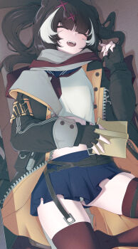 1girl arknights black_hair black_jacket blue_skirt book closed_eyes fingerless_gloves gloves highres holding holding_book jacket kimo_suna leto_(arknights) long_hair long_sleeves lying miniskirt multicolored_hair on_back open_clothes open_mouth panties red_thighhighs sailor_collar scarf shirt skirt sleeping solo streaked_hair teeth thighhighs thighs two-tone_hair underwear upper_teeth_only white_hair white_panties white_shirt