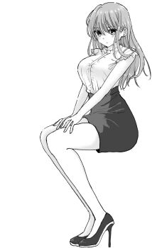 1girl breasts ear_piercing high_heels highres invisible_chair kurachi_chihiro long_hair miniskirt monochrome original pencil_skirt piercing simple_background sitting skirt solo v_arms