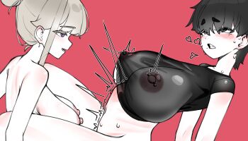 1futa 1girl absurdres black_eyes black_hair black_shirt blush breasts clenched_teeth from_side futa_with_female futanari highres huge_breasts implied_futanari implied_sex large_breasts looking_at_another mole mole_under_eye nipple_piercing nipples open_mouth original piercing purple_eyes red_background rolling_eyes see-through_clothes see-through_shirt shirt short_hair simple_background smile stomach_bulge tagua teeth trembling