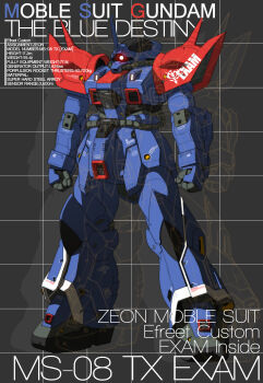 Rule 34 | absurdres, cable, character name, commentary, efreet (mobile suit), efreet custom, english commentary, english text, glowing, glowing eye, grid background, gundam, gundam side story: the blue destiny, highres, katoki hajime (style), ke yukikaze, mecha, mecha focus, mobile suit, no humans, one-eyed, one-eyed mecha, original, radio antenna, red eyes, redesign, robot, science fiction, shoulder spikes, spikes, stats, title, zeon