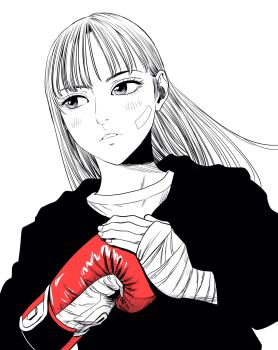 1girl asymmetrical_hair bandaged_hand bandaid bandaid_on_cheek bandaid_on_face boxing_gloves commentary_request dutch_angle gloves greyscale hair_behind_ear hand_wraps highres lee_(dragon_garou) long_hair monochrome original parted_lips red_gloves single_glove solo spot_color sweater upper_body wrist_wrap