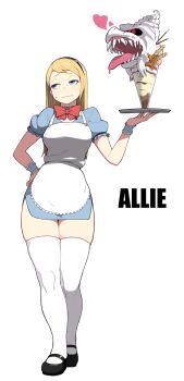 Rule 34 | 1girl, accio, apron, bad id, bad tumblr id, blonde hair, blue eyes, bow, bowtie, breasts, character name, curvy, dress, english text, female focus, food, frown, full body, hairband, half-closed eyes, hand on own hip, heart, highres, hip focus, ice cream, jitome, long hair, long legs, mary janes, medium breasts, monster, necktie, open mouth, parfait, pocky, sharp teeth, shoes, short hair, simple background, skirt, solo, standing, sweatdrop, teeth, thick thighs, thighhighs, thighs, tray, wafer stick, waitress, white background, white thighhighs, zettai ryouiki