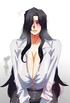 alternate_breast_size bangs_over_eyes bangs_over_one_eye black_hair blush breasts breasts_squeezed_together cleavage female_focus genderswap genderswap_(mtf) grabbing_another's_breast groping heart highres large_breasts lips long_hair looking_at_viewer maharirisu7318 melty_blood michael_roa_valdamjong office_lady plump red_eyes sagging_breasts shirt skirt spoken_heart sweatdrop thick_lips tsukihime type-moon upper_body vampire wide_hips