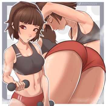 1girl absurdres ass atlus black_shirt border breasts brown_hair buruma cleavage closed_eyes crop_top dumbbell exercising female_focus greencash highres megami_tensei midriff multiple_views narrow_waist navel niijima_makoto persona persona_5 red_buruma red_eyes shirt short_hair sidelocks small_breasts solo sportswear steam sweat toned toned_female twitter_username