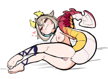 ass bare_shoulders barefoot black_choker brown_hair character_request choker colored_inner_hair completely_nude dragon_girl dragon_horns dragon_tail fire highres holding_own_tail horns multicolored_hair notepaddy nude pussy star-shaped_pupils star_(symbol) symbol-shaped_pupils tail