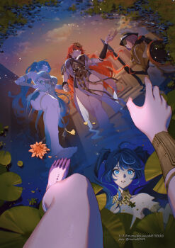 1girl absurdres ancient_greek_clothes armor augusta_(wuthering_waves) bare_shoulders barefoot blue_eyes blue_hair breastplate commentary different_reflection dress english_commentary female_pov gold_bra greco-roman_clothes hand_on_own_hip headgear highres iuno_(wuthering_waves) long_hair multicolored_hair mumu_(mumu_arttt) orange_hair parted_lips pov reaching reflection solo streaked_hair tacet_mark_(wuthering_waves) thigh_strap twintails vambraces white_dress wuthering_waves