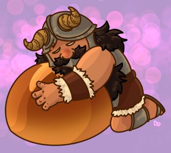 1boy beard bread dddoesstuff deformed dungeon_meshi dwarf facial_hair fake_horns food helmet horned_helmet horns hug long_beard male_focus mustache oversized_food oversized_object senshi_(dungeon_meshi) solo thick_mustache very_long_beard