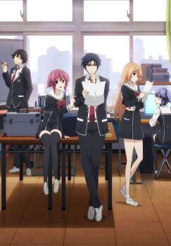 2boys 3girls anime_coloring arm_support black_dress black_hair black_jacket black_pants black_thighhighs blue_hair bow bowtie brown_hair chaos;child commentary_request dress full_body glasses hand_in_pocket headphones hekiho_academy hekiho_academy_school_uniform highres holding holding_pen indoors itou_shinji_(chaos;child) jacket kazuki_hana kurusu_nono long_hair looking_at_viewer looking_back miyashiro_takuru multiple_boys multiple_girls necktie official_art onoe_serika pants parted_lips pen pink_hair red_bow red_bowtie red_necktie school school_uniform science_adventure shirt short_dress short_hair sidelocks sideways_glance sitting sitting_on_table standing thighhighs tile_floor tiles very_long_hair white_shirt zettai_ryouiki