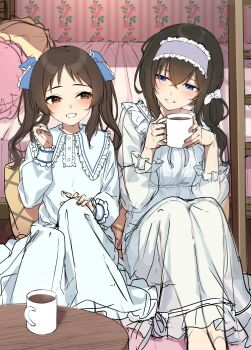 2girls absurdres against_bed bed bedroom black_hair blue_bow blue_eyes blush bow brown_eyes brown_hair bunk_bed coffee_mug coffee_table commentary cup dress floral_print frilled_dress frilled_hairband frilled_pajamas frills go-1 hair_bow hairband hand_on_own_knee highres holding holding_cup idolmaster idolmaster_cinderella_girls idolmaster_cinderella_girls_u149 indoors knees_up ladder long_hair looking_at_another mug multiple_girls on_floor pajamas pillow sagisawa_fumika side-by-side sitting smile steam table tachibana_arisu twintails wallpaper_(object) white_dress white_pajamas wooden_table