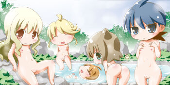 5girls =_= absurdres animal_ears ass bath bent_over blonde_hair blue_eyes blue_hair blush brown_hair chibi cleft_of_venus closed_eyes flat_chest floating gerotan green_eyes highres leaning_forward long_hair looking_back multiple_girls navel nipples nude onsen open_mouth orange_hair original pink_eyes plant plug pussy short_hair sitting sky smile soaking_feet tail uncensored water