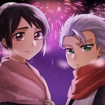 Rule 34 | 1046sstep btoh, 1boy, 1girl, black hair, bleach, breath, bun cover, commentary request, fireworks, green eyes, hair bun, hinamori momo, hitsugaya toushirou, pink eyes, pink scarf, red scarf, scarf, single hair bun, smile, white hair