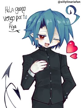 1boy ahoge black_pants black_shirt blue_hair blush_stickers bright_pupils buttons colored_skin demon_tail funamusea gakuran hand_in_pocket heart heart_ahoge highres hijoushiki_roc male_focus one_eye_closed open_mouth pants pointy_ears red_eyes sam_(sillylinariafan) school_uniform shirt simple_background solo spanish_text speech_bubble tail twitter_username white_background white_pupils white_skin