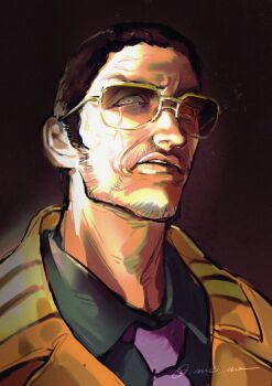 1boy absurdres beard_stubble black_background crying crying_with_eyes_open facial_hair formal_clothes gold_trim highres kizaru_(one_piece) male_focus mustache_stubble necktie one_piece parted_lips portrait purple_necktie sideburns solo stubble suit sunglasses tears vamos_mk yellow-framed_eyewear yellow_suit