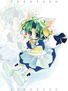 Rule 34 | 1girl, 2000s (style), absurdres, animal ears, animal hat, apron, artist name, bell, bow, cake, cake slice, cat ears, cat hat, cat tail, dejiko, di gi charat, dress, faux retro artstyle, food, foodification, fork, fruit, gema, green eyes, green hair, hair bell, hair ornament, hat, highres, holding, holding fork, holding plate, jingle bell, koge donbo (style), looking at viewer, mittens, neck bell, official style, parted bangs, plate, short hair, short sleeves, smile, solo, strawberry, tail, tail bow, tail ornament, tako3000, variant set, white mittens, zoom layer