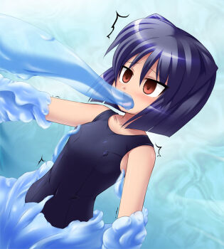 1girl aq_interactive arcana_heart atlus blue_hair brown_eyes covered_erect_nipples daidouji_kira empty_eyes examu fellatio katami_shinta loli monster nipple_stimulation nipple_tweak one-piece_swimsuit oral restrained school_swimsuit slime swimsuit tentacles