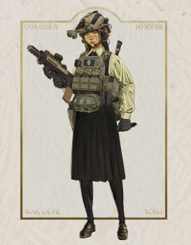 1girl absurdres ammunition_pouch assault_rifle black_gloves black_hair black_skirt bulletproof_vest bullpup chainsaw_man dual_wielding fanny_pack gloves gun handgun headset helmet highres holding holding_knife kenzarts1 knife long_hair looking_at_viewer magazine_(weapon) night_vision_device pouch red_eyes rifle scar scar_on_face school_uniform skirt walkie-talkie weapon yoru_(chainsaw_man)