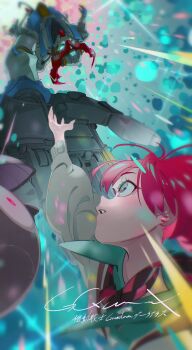 1girl absurdres amate_yuzuriha aqua_eyes collared_shirt foreshortening glowing gquuuuuux green_eyes gundam gundam_gquuuuuux highres long_sleeves mecha mecha_focus mobile_suit necktie red_hair robot shirt short_hair sweater tomoyasu_shu v-fin zeknova