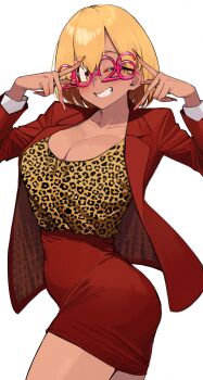 1girl ;d animal_print ayatak0517 blonde_hair breasts cleavage collarbone commentary_request fingernails grin gyaru highres jacket komi-san_wa_komyushou_desu large_breasts leopard_print long_fingernails looking_at_viewer manbagi_rumiko miniskirt nail_polish number_glasses one_eye_closed open_mouth pencil_skirt print_shirt red_jacket red_skirt shirt shirt_tucked_in short_hair simple_background skirt smile solo tan thighs twisted_torso white_background