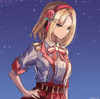 1girl atnamiret belt belt_buckle blonde_hair blue_eyes bow bowtie breasts brown_belt buckle center_frills closed_mouth collared_shirt flower frills grey_shirt hair_flower hair_ornament hairband hairclip hand_on_own_hip heaven_burns_red highres jacket looking_at_viewer medium_breasts medium_hair minase_ichigo night night_sky open_clothes open_jacket outdoors parted_bangs pink_hairband pleated_skirt red_belt red_bow red_flower red_hairband red_rose red_skirt rose shirt short_hair short_sleeves skirt sky solo star_(sky) starry_sky striped_bow striped_clothes striped_hairband upper_body v-shaped_eyebrows white_jacket white_shirt