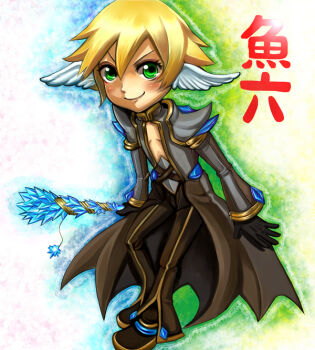 1boy black_gloves black_pants black_shoes blonde_hair blush chirao_(tirao777) closed_mouth coat commentary_request crystal feathered_wings full_body gloves green_eyes grey_coat head_wings holding holding_staff looking_at_viewer male_focus open_clothes open_coat pants ragnarok_online shoes short_hair smile solo staff standing v-shaped_eyebrows warlock_(ragnarok_online) white_background white_wings wings
