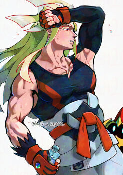 Rule 34 | 1boy, arm up, biceps, black shirt, blonde hair, bottle, clenched hand, collarbone, colored eyelashes, commentary request, detached sleeves, falinks, fingerless gloves, gen 8 pokemon, gloves, grey pants, holding, holding bottle, ivor (pokemon), long hair, looking to the side, male focus, muscular, muscular male, nintendo, pants, pectorals, pokemon, pokemon (creature), pokemon legends: z-a, red gloves, shirt, single detached sleeve, sleeveless, sleeveless shirt, sweat, tangmogan (ffme8438), twitter username, watermark, white background